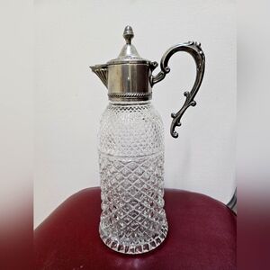Vintage Italian cut crystal decanter silver plate glass claret wine pitcher 12"